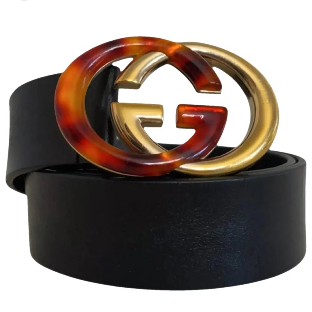 Gucci Vintage Double G Buckle Black Leather Belt Logo Tortoise & Gold